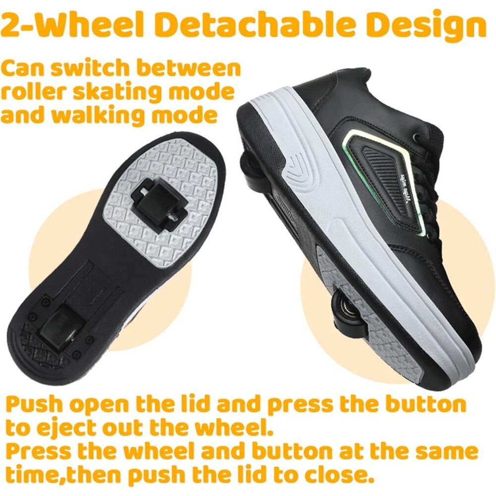 Kids Black Recharge Able Wheels Sneakers Fashion Roller Wheeled Skate Shoes - Picture 3 of 8